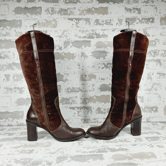 Franco Sarto Tall Brown Leather Suede Block Heel Rounded Toe Boots X230 - Picture 7 of 15